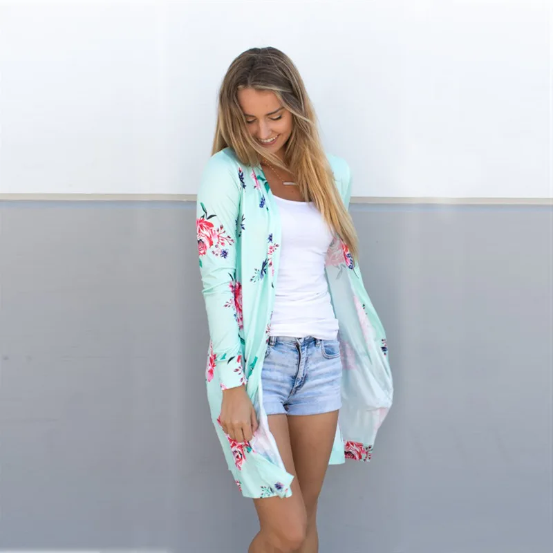 Кардиган женский тонкий с цветочным принтом и длинным рукавом |