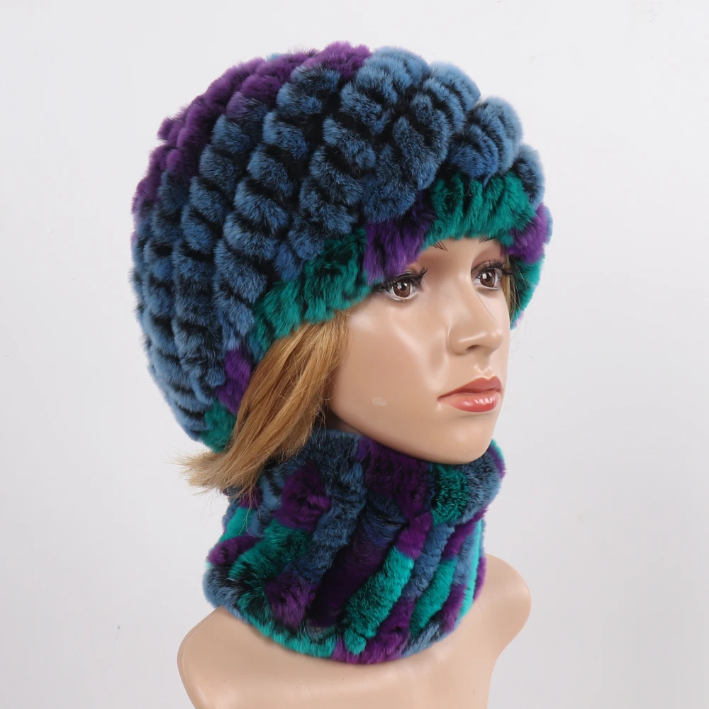 Новый Для женщин Настоящий мех кролика наборы шарф шапка натуральный енота