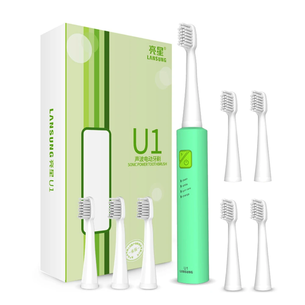 U1 green 8 head Lansung перезаряжаемый звуковой электрическая ультразвуковая зубная щетка Водонепроницаемая зарядка через usb зубная щетка многоцветная 8 щеток - Цвет: U1 green 8 head