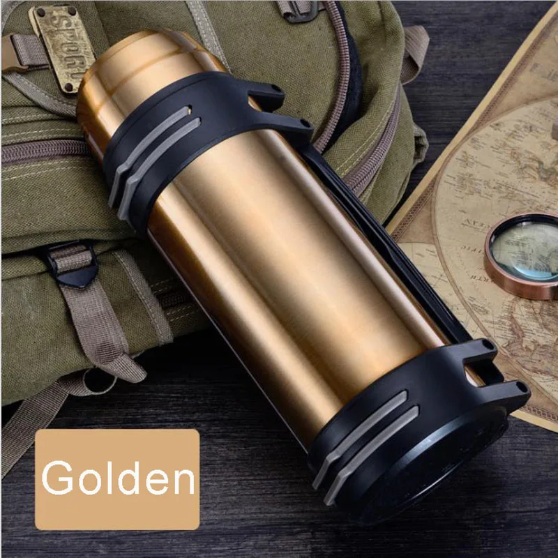 Golden 1.2L/1.6L/2L/2.5L/3L термос из нержавеющей стали для путешествий на открытом воздухе, бутылка для воды, портативная вакуумная колба с изоляцией, чайники - Цвет: Golden
