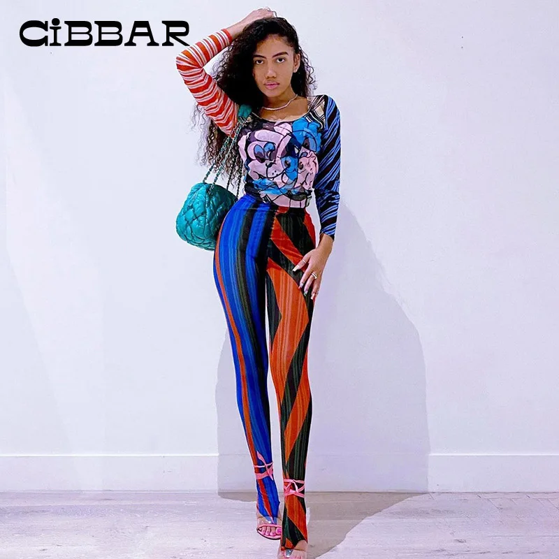 

CIBBAR Autumn New Rainbow Striped Print Skinny Leggings Long Pants Women Harajuku High Waist Sexy Body-Shaping Street Trousers