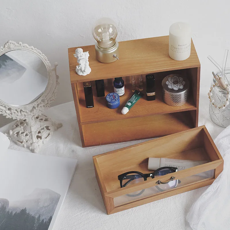 

Women Makeup Cabinet Retro Desktop Lipstick Holder Wood Cosmetic Storage Box Home Multi-purpose Organizer Jewelry Display Rack