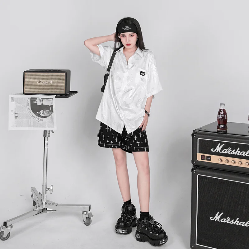 

Black Denim Shorts Women Summer 2020 Cross Printed Elastic Waist Short Jeans Straight Loose Gothic Streetwear Hip Hop Punk Style