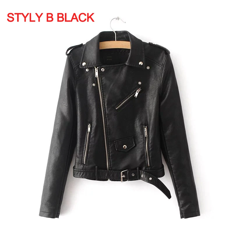 Style B Black Женская кожаная куртка, мотоциклетная, осенняя, с длинным рукавом, на молнии, мягкая, искусственная кожа, куртки, белые, женские пальто, верхняя одежда - Цвет: Style B Black