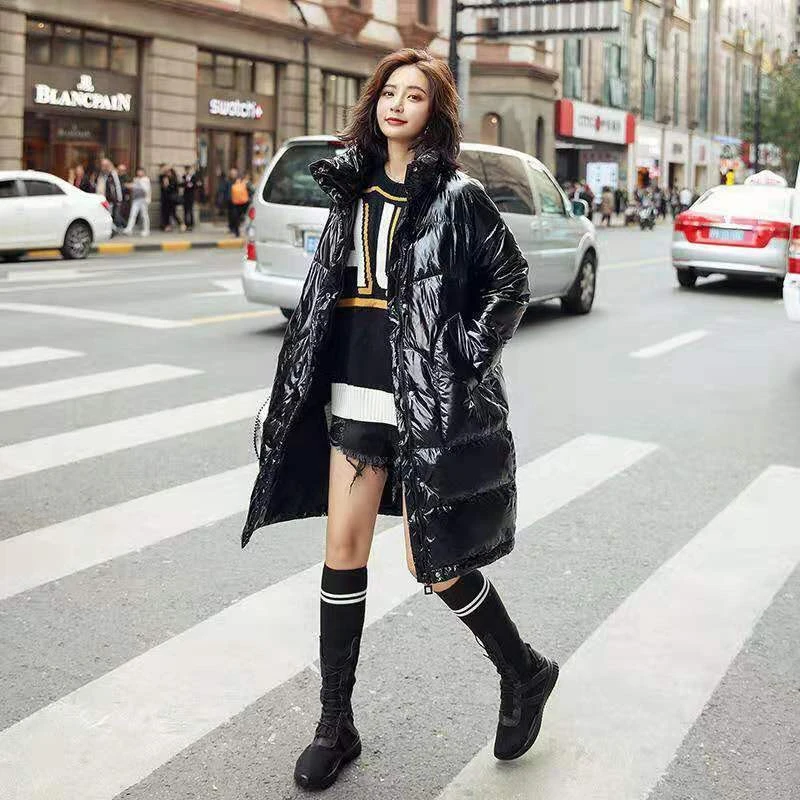 Женское блестящее водонепроницаемое пальто большого размера уличная зимняя