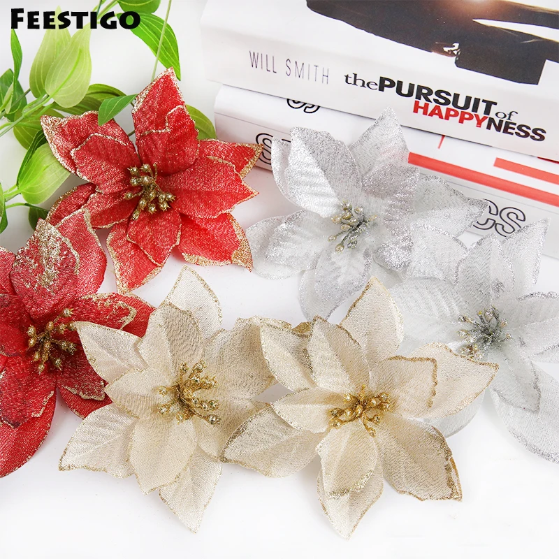 50 шт. рождественские блестящие Искусственные цветы Poinsettia украшения для дома и