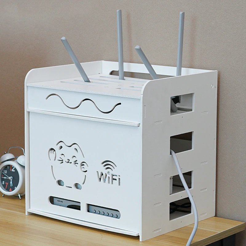 Preise Wifi Router Regal Lagerung Boxen Große Kapazität Kabel Power Plus Draht Box Holz-Kunststoff Wand Stecker Halterung Wohnkultur Sunchamo