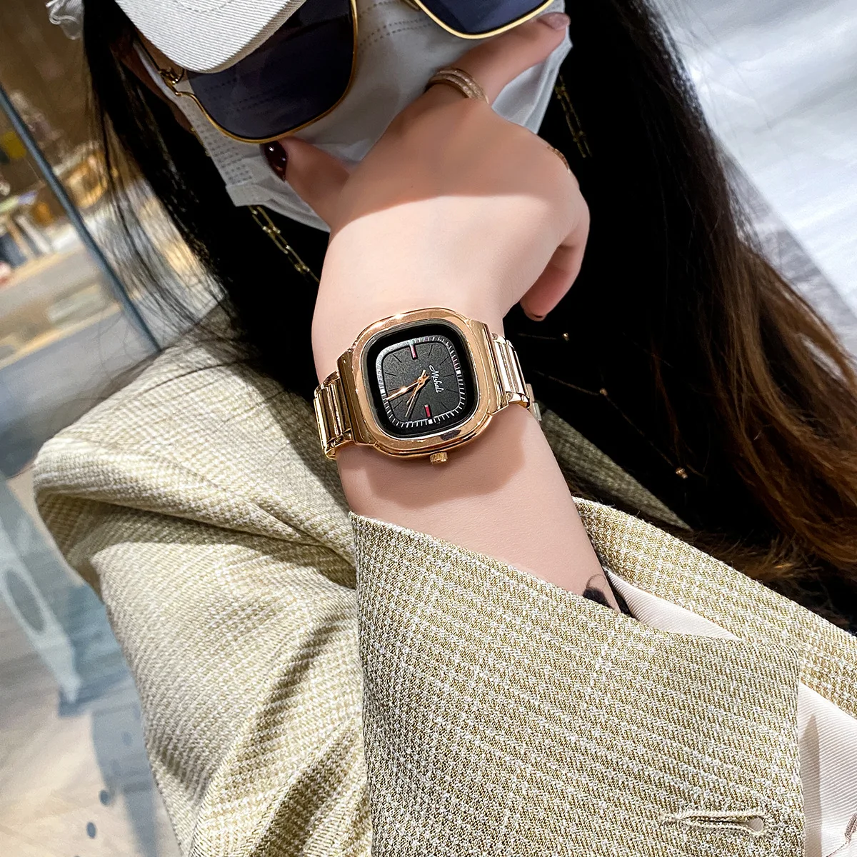

Часы наручные женские кварцевые под розовое золото, люксовые модные квадратные Брендовые повседневные, с браслетом