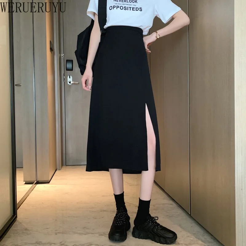 

WERUERUYU Summer Skirt High Waist Pleated A Line Long Skirt Front Slit Maxi Womens Skirts Female