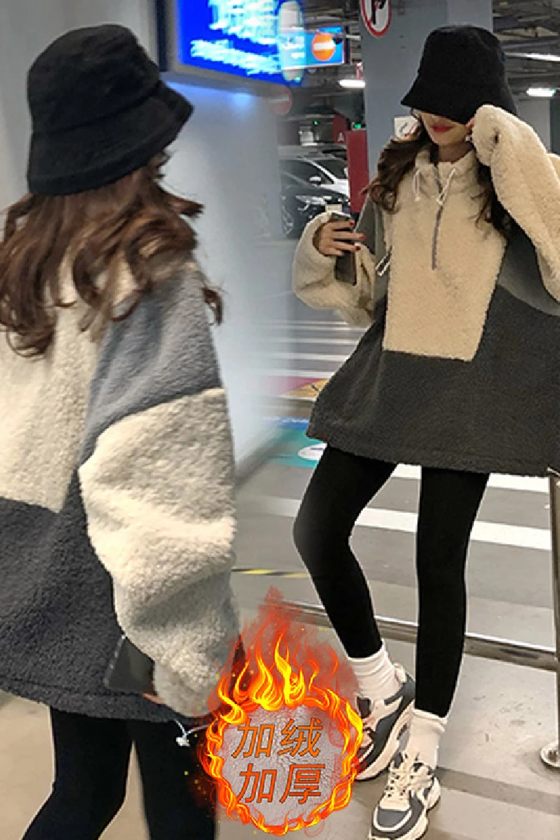 

Maternity Autumn Winter Plus Size Thick Fleece Velvet Top Slim Pants Loose Hoodie Two-Piece Suit