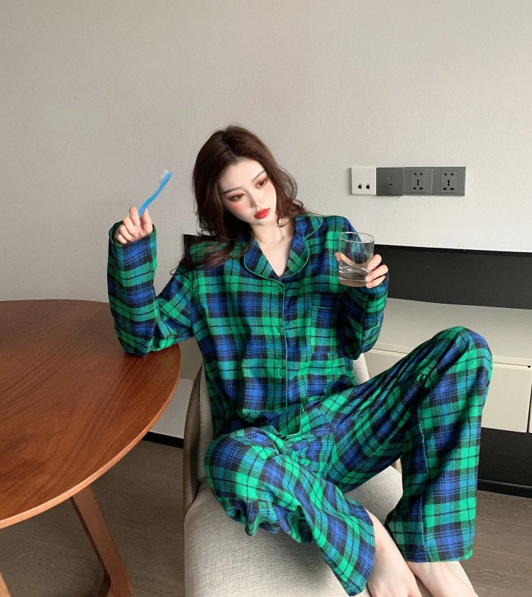 

Women 2 Piece Set Pajamas Autumn Casual Home Set Pocket Plaid Sleepwear Lapel Collar Shirts Pants Lounge Wear Homewear Set