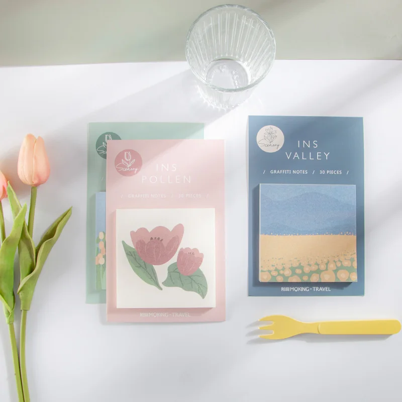 

INS Painting Memo Pad Daisy Tulip Lily Pollen Flower Sticky Notes Adhesive Post Notepad Office School Supplies F6084