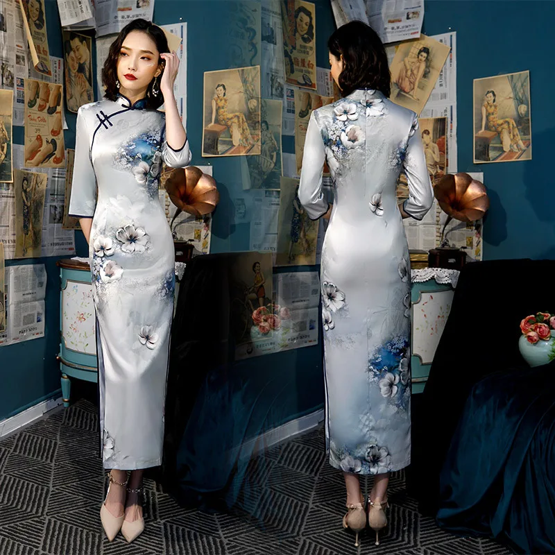 Новое поступление, традиционное женское платье, плюс размер, 4XL, Qipao, Дамское, вискозное, сексуальное, длинное, с принтом, Cheongsam, ручная работа, на пуговицах, винтажное, китайское платье