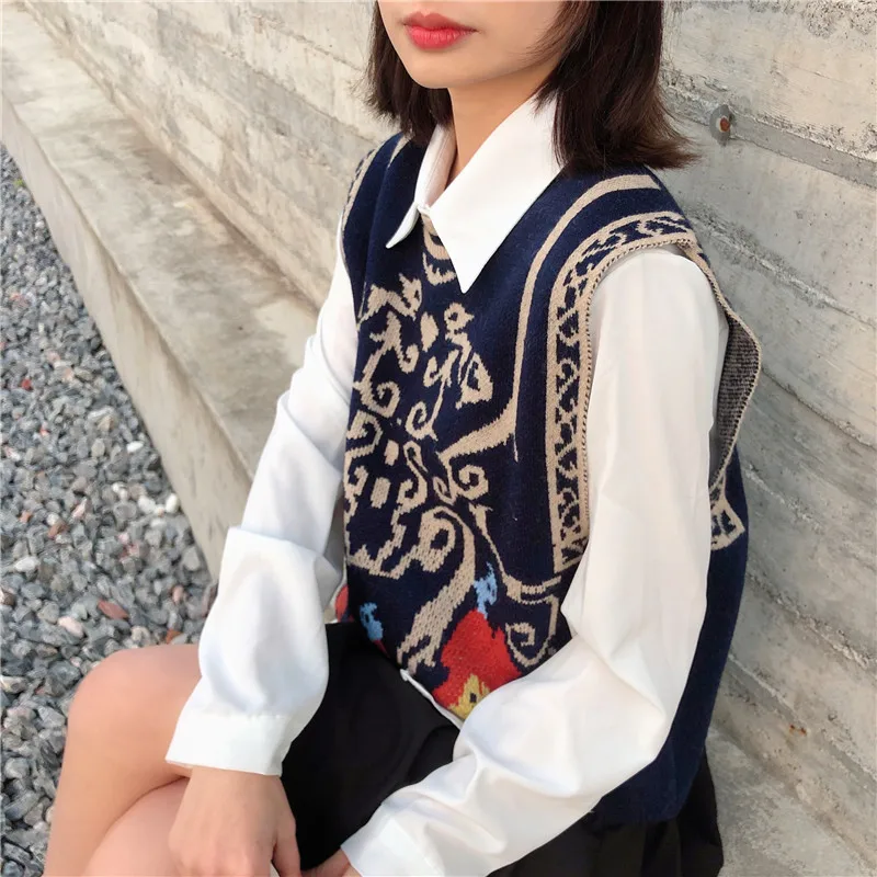 

Autumn And Winter O-neck Knitted Vest Women's College Style Sweet Sweater Korean Pattern Printing With Knitted Women's Vest