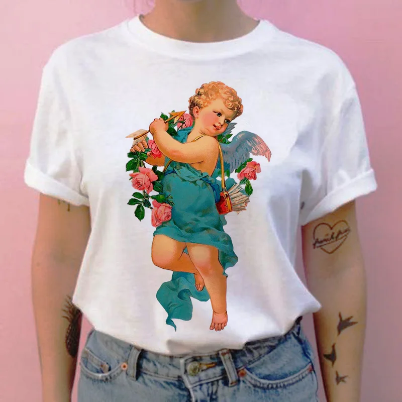 Футболка с ангелом harajuku, с рисунком героев мультфильмов, 90 s, повседневная женская футболка с круглым вырезом, Винтажная футболка, топы, футболки, кавайные эстетические
