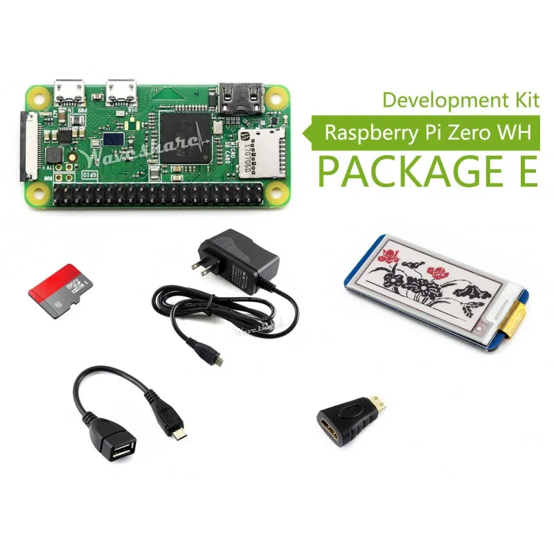 Raspberry Pi Zero WH Built-In WiFi Kit, Includes 2.13inch e-Paper HAT Power Supply and Basic Components
