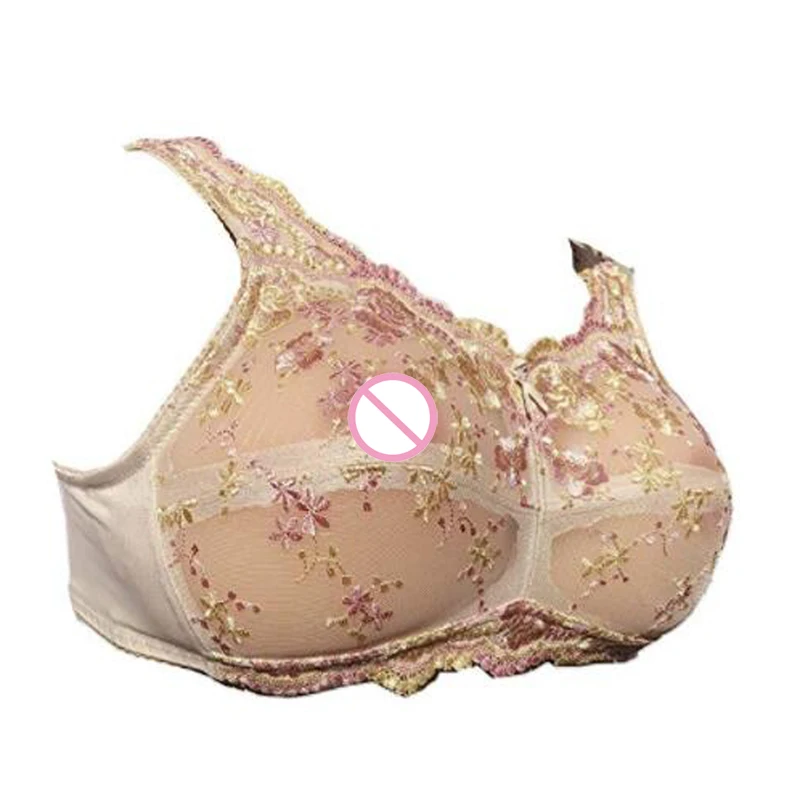 

Beige Lace See-Through Pocket Bra Sexy Floral Embroidery Underwear for Silicone Breast Pads Crossdress Cosplay Mastectomy Ajusen