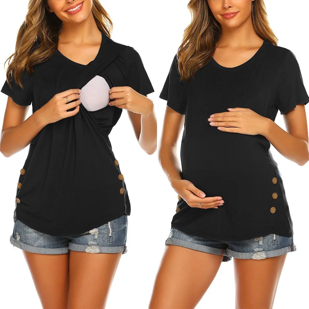 

Ropa Para Mujer Maternity Clothes Blouse Women's Maternity Short Sleeve Side Button Tunic Nursing Tops For Breastfeeding