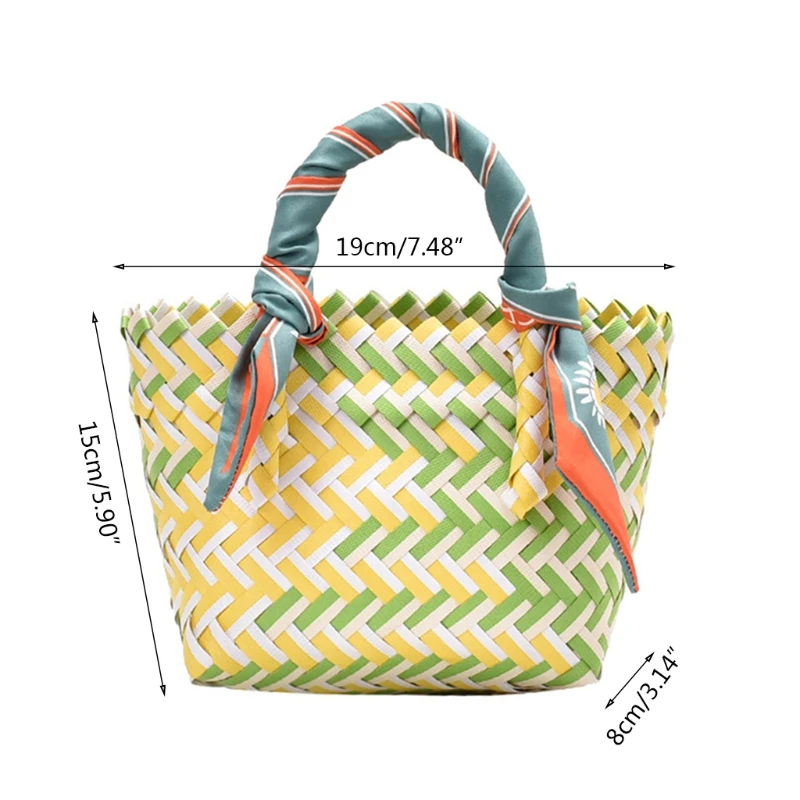 

Straw Handbag Tote Top Handle Handwoven Bags Pattern Ribbon Bow Handwoven Bags Fashion Colorful Summer Beach Purse L41B
