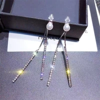 silver needle earrings 2021 new fashion long tassel with pearl earrings simple rhinestone lady earrings earrings wholesale