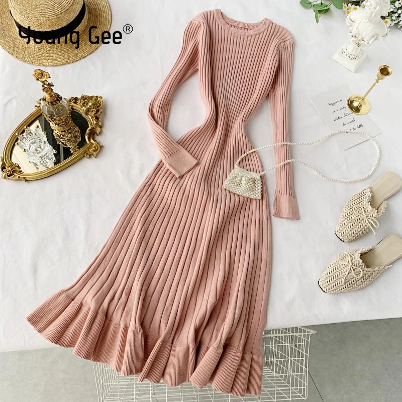 

Young Gee Retro Chic Knitting O-neck Long Sleeve Basic Sweater Dress Mori Girl Spring Autumn Winter A-line Flare Swing Dresses
