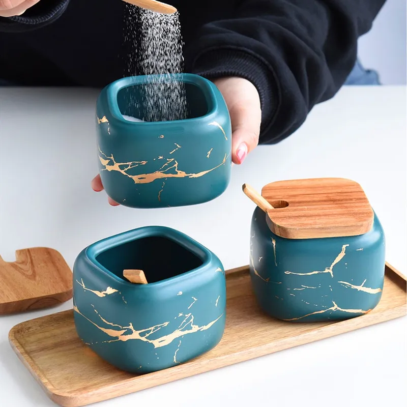 

Creative Nordic Style Marble Pattern Ceramic Kitchen Seasoning Tank Set Wooden Cover Salt Shaker Spice Jar Kitchen Accessories