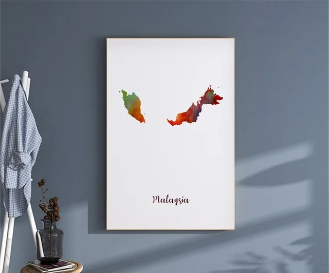 

Malaysia Map Poster Wall Art Decor Print Gift canvas watercolor poster