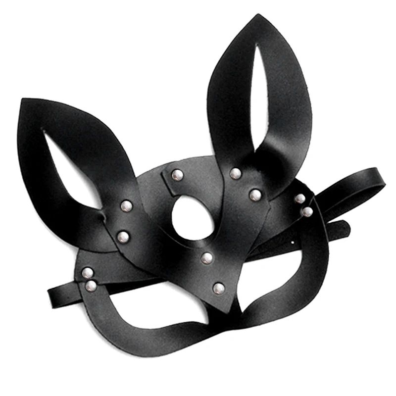 Кожаная маска с длинными ушками для косплея черная кролика шипами сексуальная