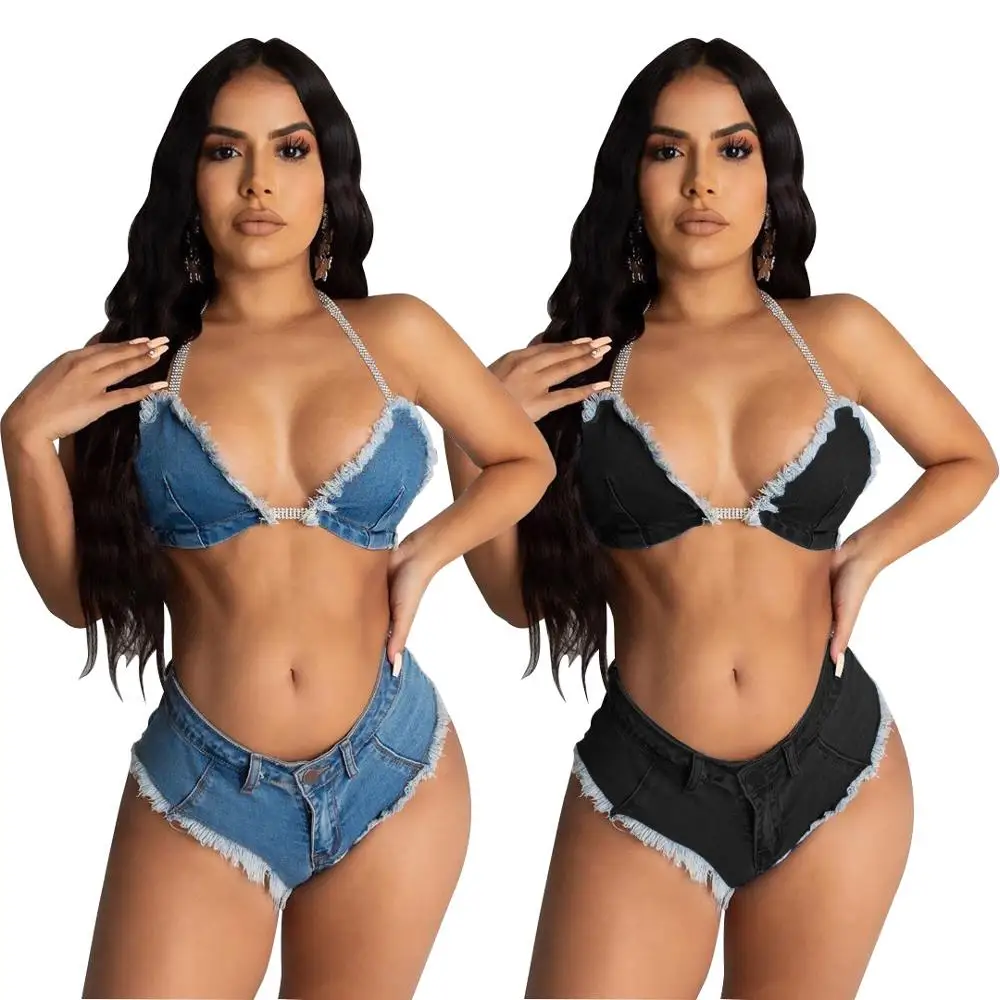 

women denim set crop top and shorts beach two piece set