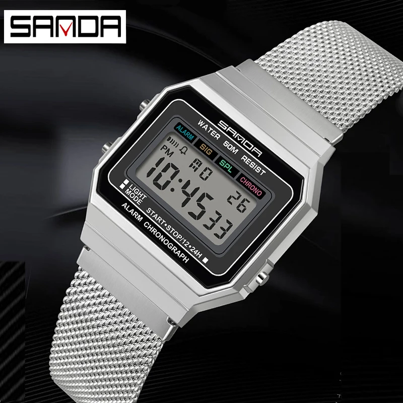 Square Watch Men Electronic Clock Men's Sport Watch SANDA TOP Brand Women LED Digital Watches Mens Full Steel relogio masculino