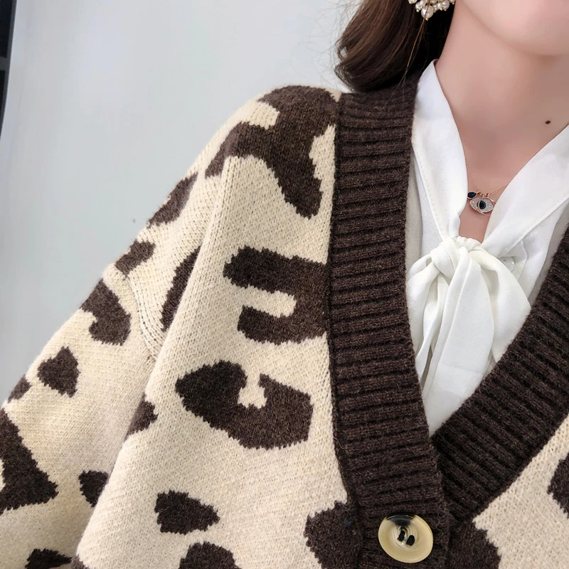 

EORUTCIZ Autumn Fashion Leopard Cardigan Women Sweater Oversize Knitted Casual Top Winter Long Sleeve New Basic Coat LM1004