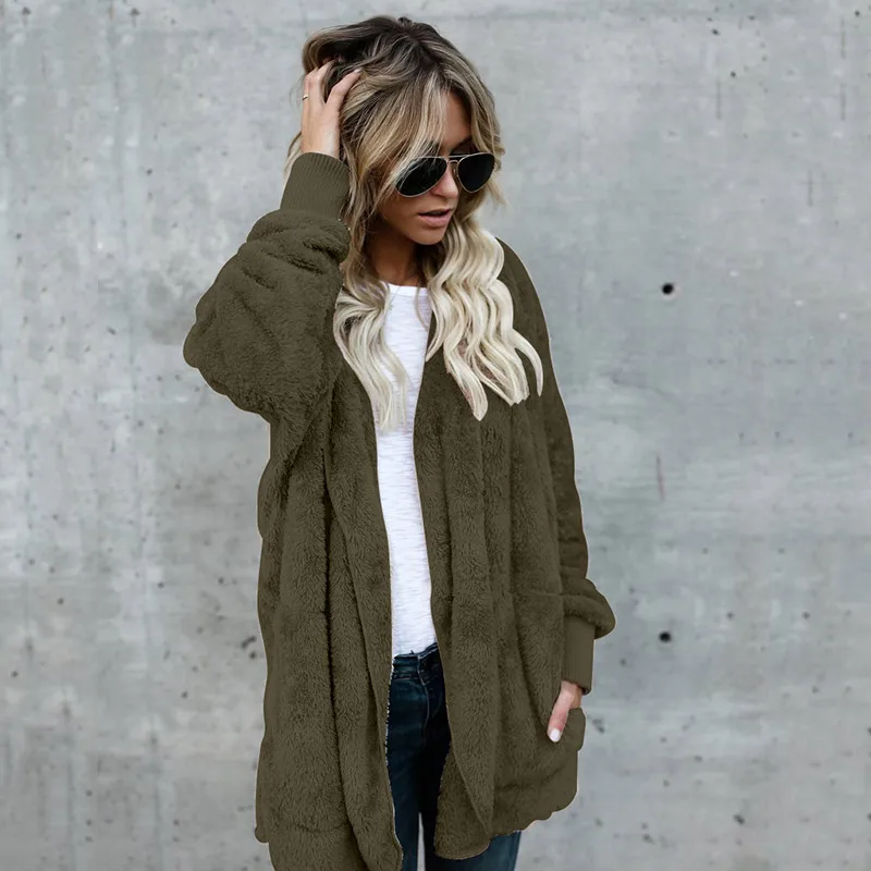 army green Зимние пальто и куртки из искусственного меха для женщин, модный длинный кардиган с капюшоном, повседневные женские куртки размера плюс, женские пальто - Цвет: army green