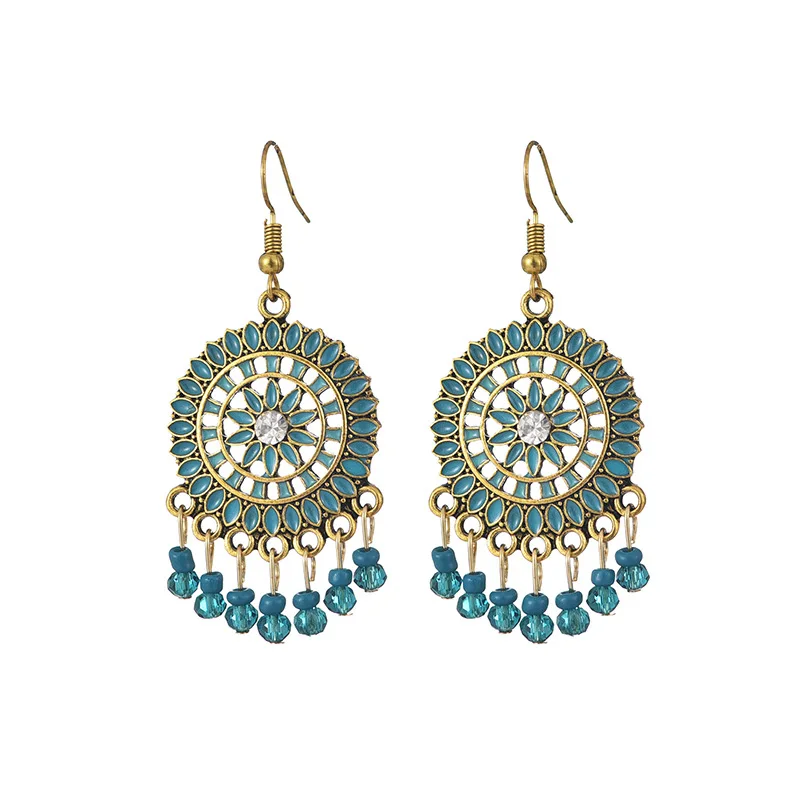 

Bohemian Beaded Tassel Drop Earrings Ethnic Summer Flower Shape Alloy For Women Vintage Stone Boho Ladies Earrings