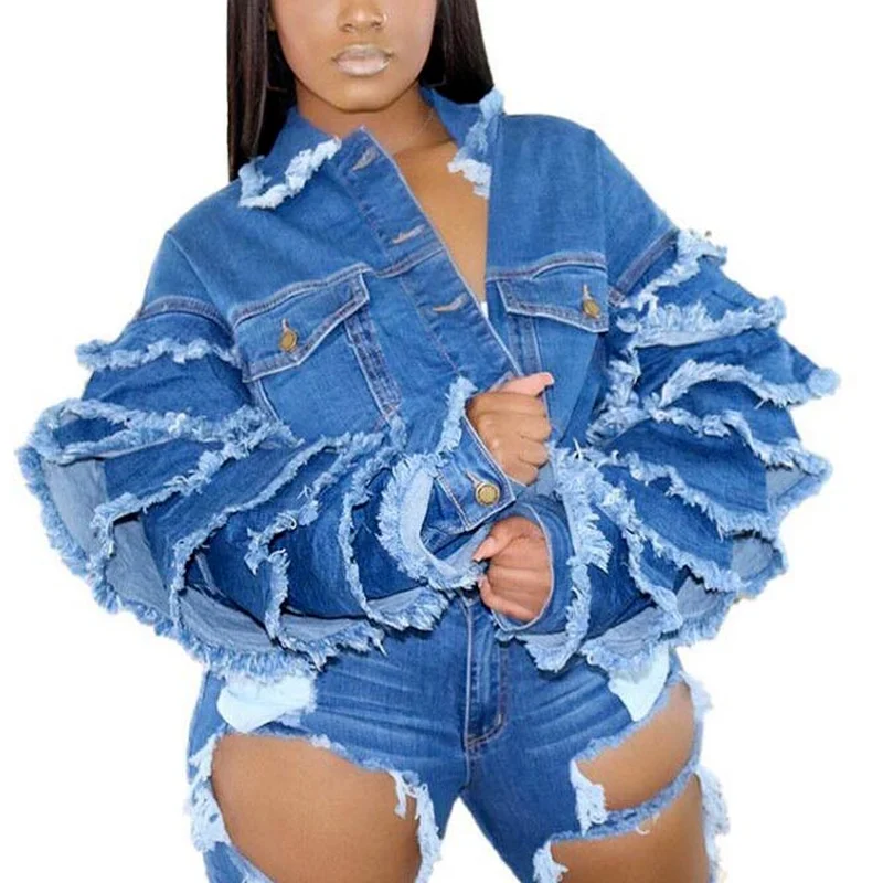 

Women's Jacket Coat Women Denim Jeans Crop Jacket Top Multi Layered Flare Sleeve Jacket Streetwear Oversized 2021 Autumn New