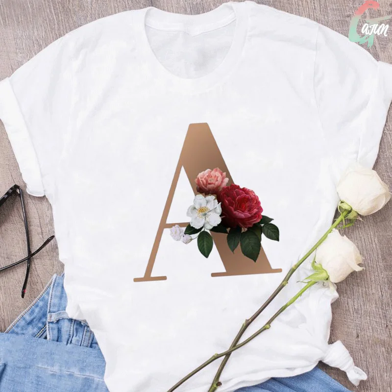 

Stylish And Fun Gold Alphabet Flower Ladies T-shirt Harajuku Kawaii Graphic Print T-shirt Fashion O-neck Women's Clothes Tops