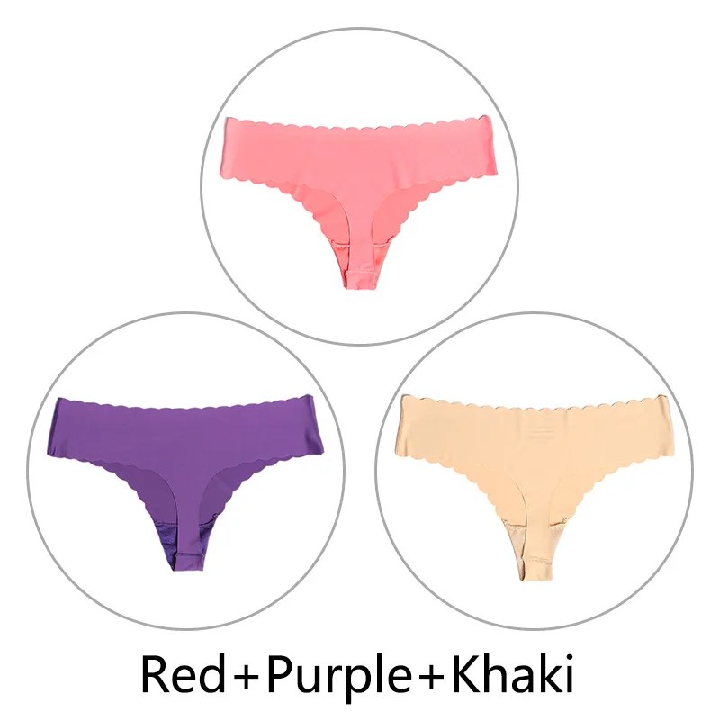 Red Purple Khaki 3 шт./партия ультра-тонкий открытый Шелковый бесшовный стринги с низкой посадкой, цельные сексуальные трусики-стринги, нижнее белье для женщин, танга XS-L, американский размер - Цвет: Red Purple Khaki