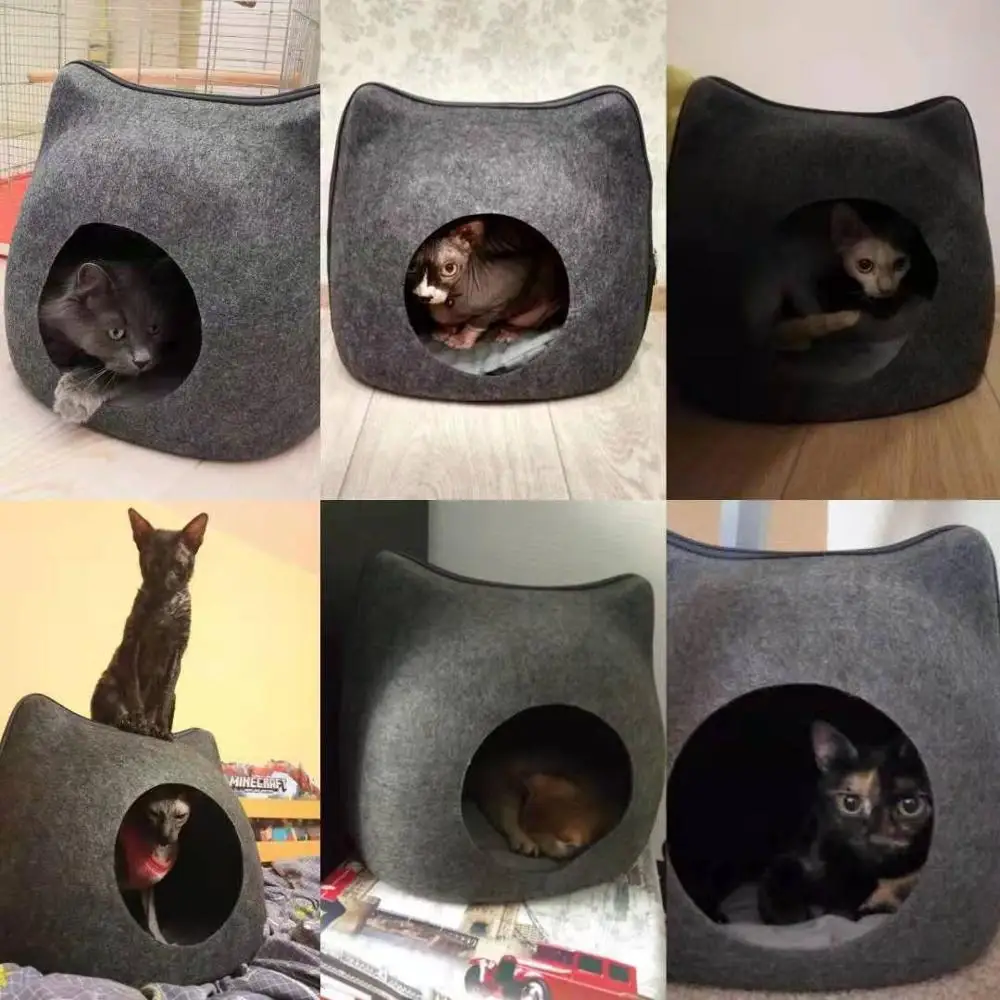 

Pet Nest Bed Cat Bed Portable Cat Cave Cat Shape Pet Bed Sleeping Bag Zipper Felt Cloth Pet House Nest Cat Basket with Cushion