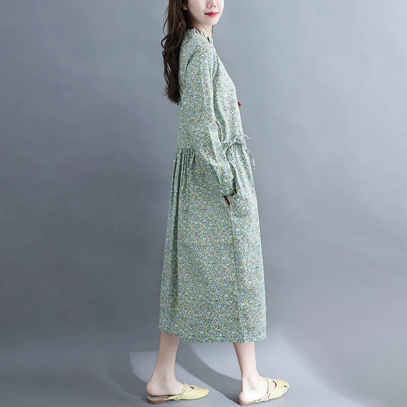 

Women Cotton Linen Casual Dress New Arrival 2021 Spring Vintage Style Stand Collar Print Loose Ladies A-line Long Dresses S3679