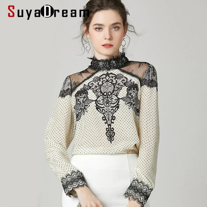 SuyaDream женские блузки в горошек 100% шелк крепдеж с длинными рукавами кружевной