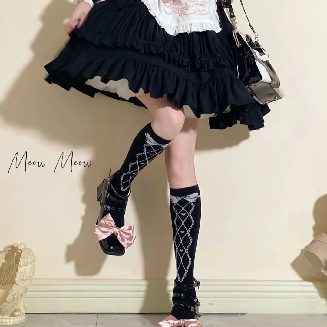 

Lolita Cross Lingge JK Uniform Calf Socks Women Japanese Harajuku Street Bowknot Love Sweet Girls Cute Medium Tube Stockings