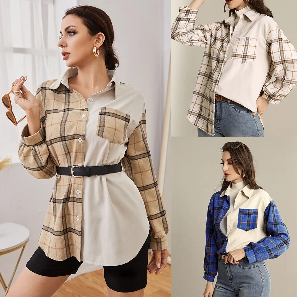 

Women Plaid Jacket Long Sleeve Turn-down Collar Button Closure Patchwork Casual Shirt Outwear Streetwear