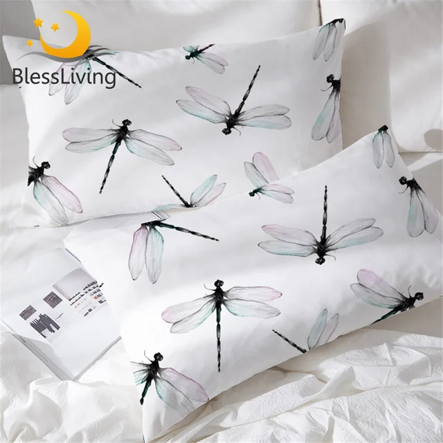 BlessLiving Dragonfly Pillowcase Simple White Ink Animal Pillow Case Light Green Pink Wings Pillow Cover Stylish Bedding for Kid 1