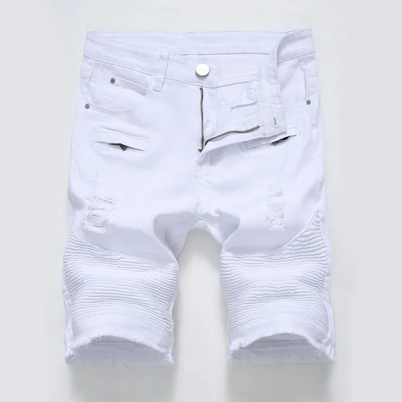 

Men's High Street Zipper Stretch European American Casual Denim White Black Shorts with Ripped Holes Men's Pants Men Clothing