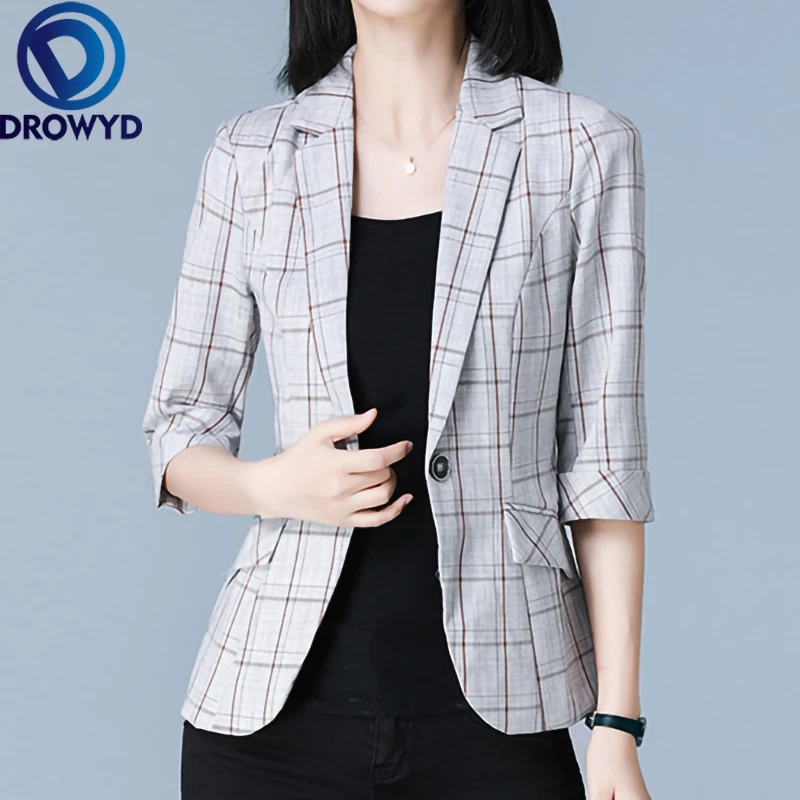

Серый клетчатый Блейзер, повседневное женское приталенное пальто, Женский офисный костюм, OL стиль, элегантный тонкий Блейзер с карманами 4XL,...