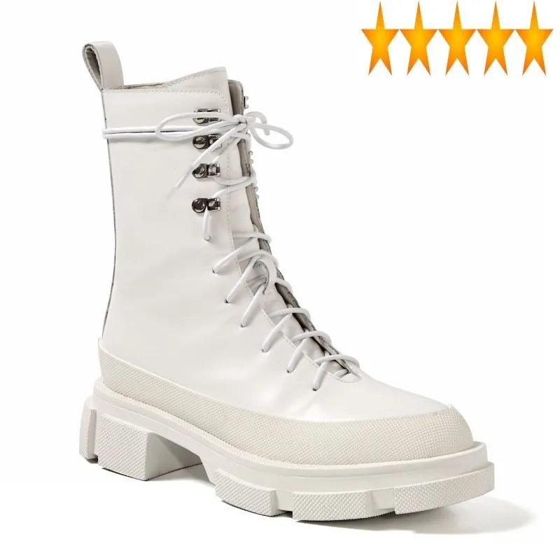 

Autumn Thick Bottom Platform 2021 Women Genuine Leather Lace Up Round Toe Motorcycle Shoes Female Black White Ankle Boots