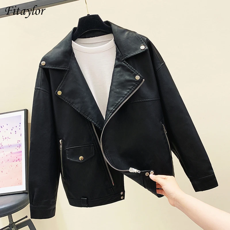 

Fitaylor 2022 весенне-осенняя черная Свободная куртка из искусственной кожи Женская Повседневная Базовая ветрозащитная куртка из искусственной ...