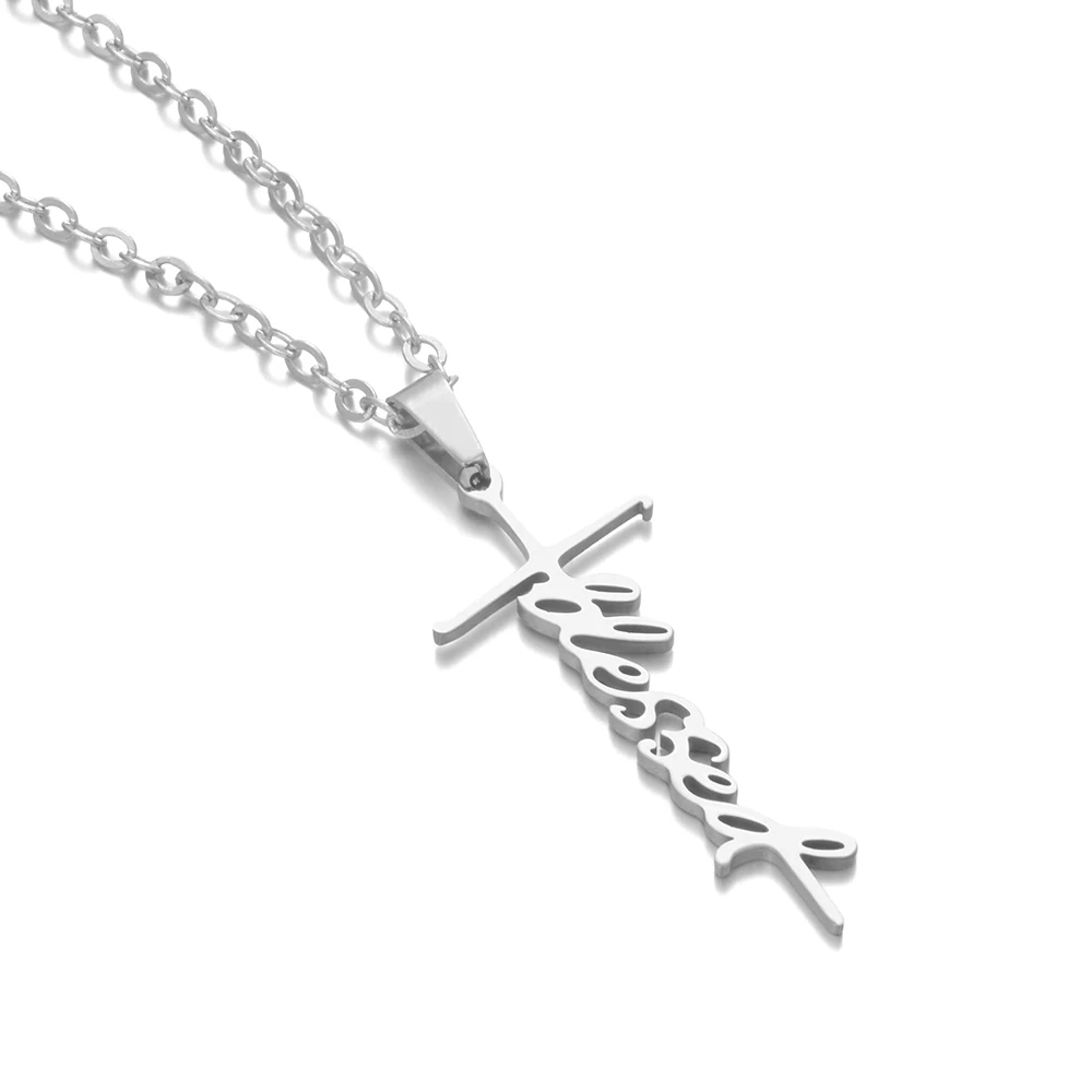 Цепочка Из Нержавеющей Стали ожерелье серебряного цвета кулон BLESSED Cross для женщин