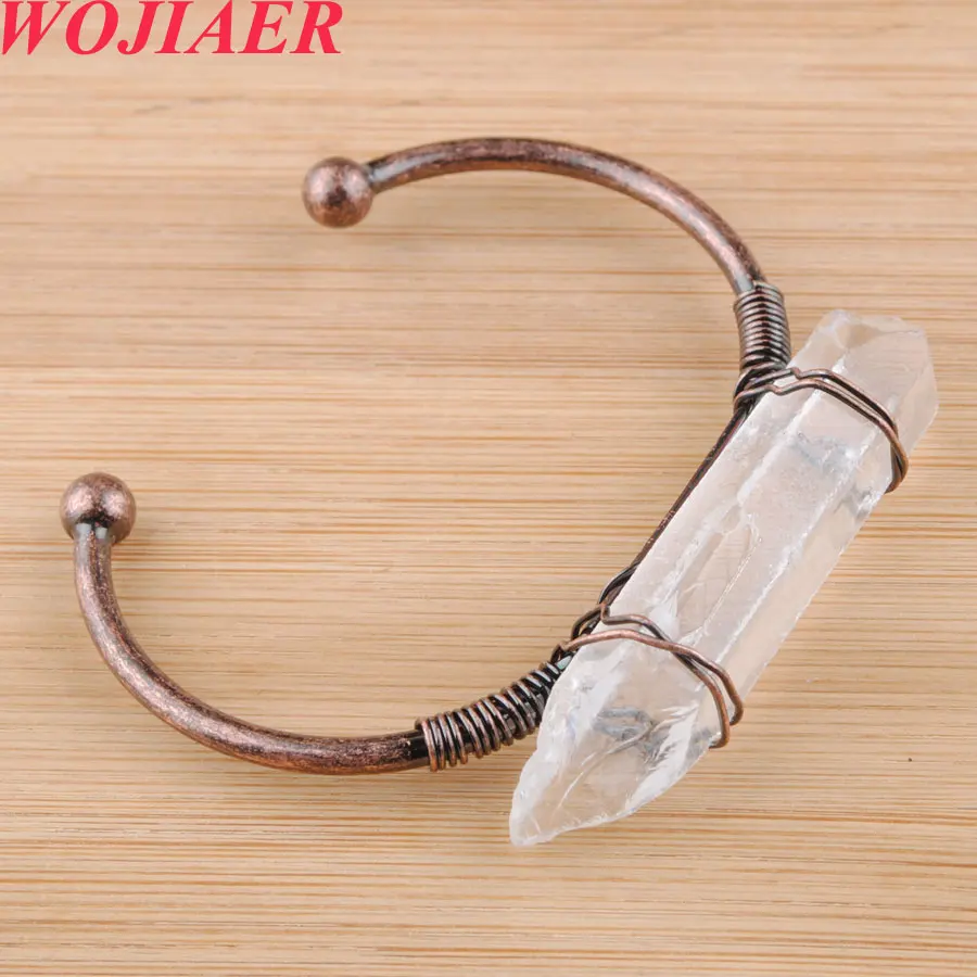 

WOJIAER Rose Gold-color Wire Wrap Bangle Irregular Crystal Cuff Bangles Bracelets Fastion Natural Gem Stone Jewelry Gift PBO932