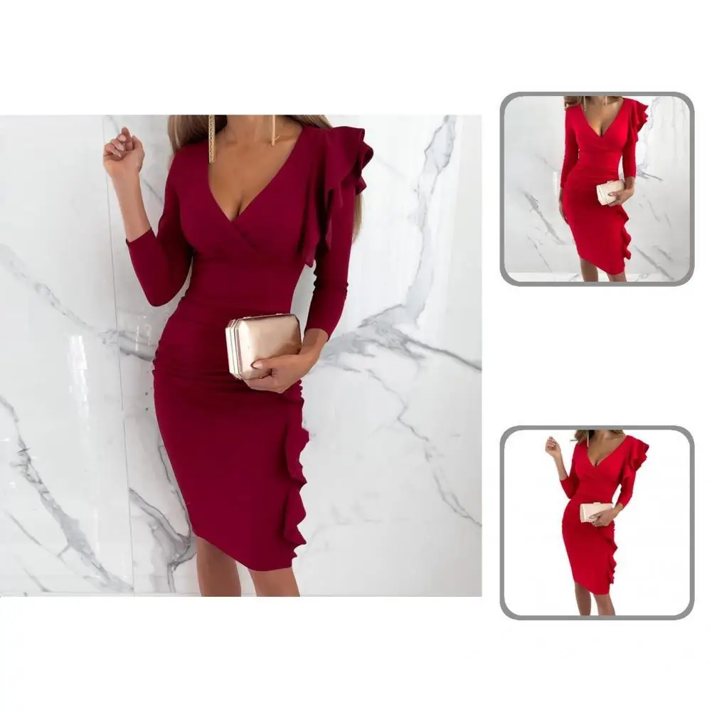 

Dress Long Sleeve Female Pleats Pure Color Above Knee Length Dress Women Dress for Formal Occasion