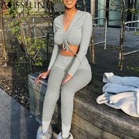 aossilind ribbed long sleeve gray women two piece suit sexy lace up cropped 2 piece set outfits female autumn winter tracksuits
